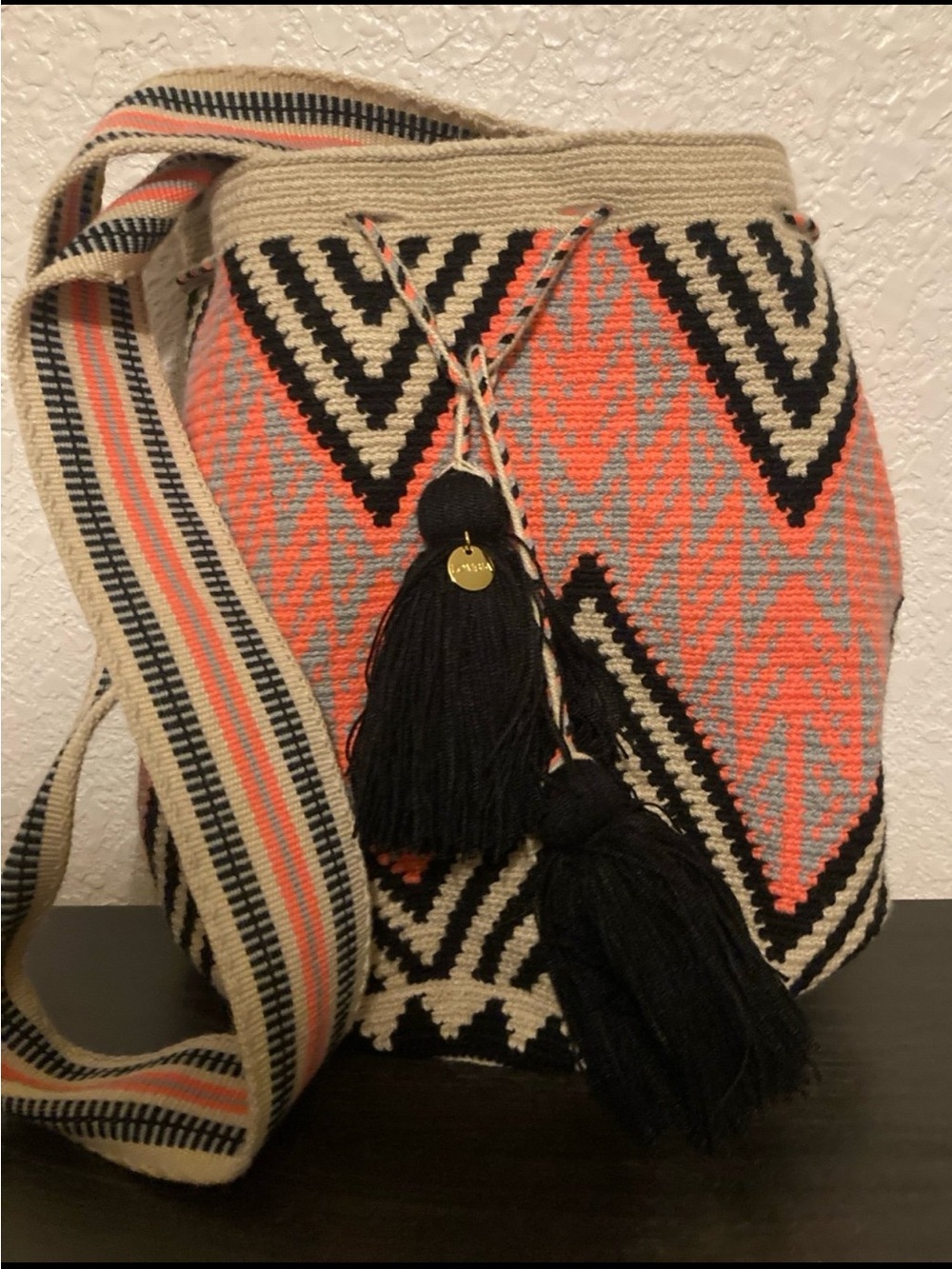 Handwoven Bucket Crossbody Bag - Coral, Black & Cream